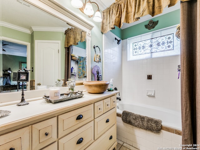 bathroom featuring tile patterned flooring, vanity, crown molding, and shower / tub combo