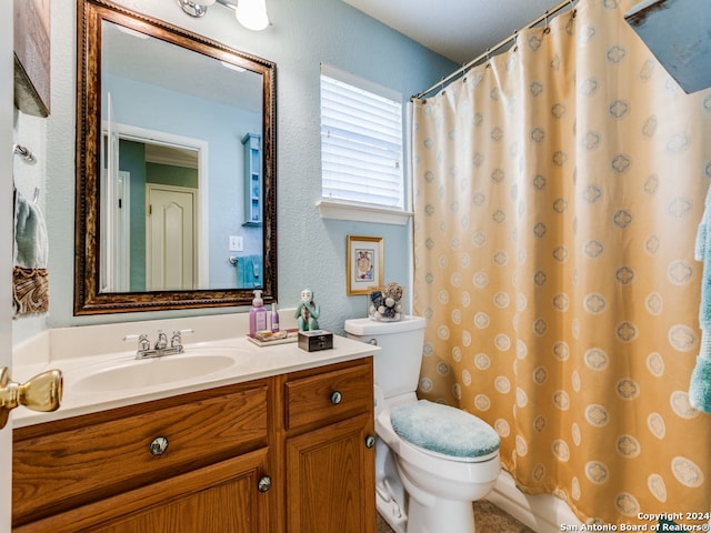 bathroom featuring curtained shower, vanity, and toilet