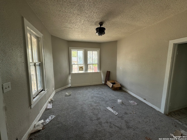 spare room with a textured ceiling and carpet