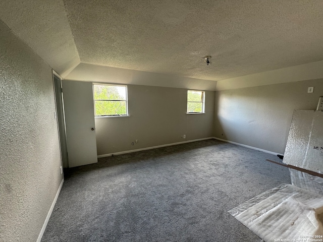 carpeted empty room with a textured ceiling, vaulted ceiling, and plenty of natural light