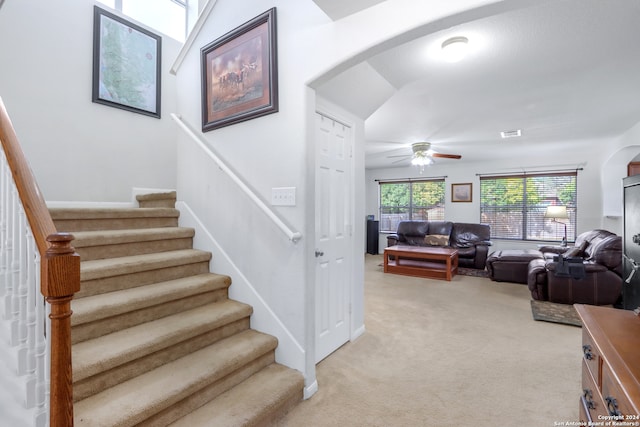 stairway with ceiling fan and carpet