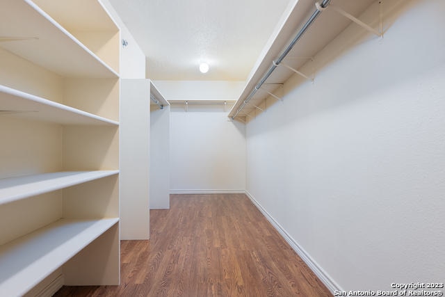 walk in closet with dark wood-type flooring