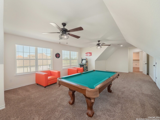 recreation room featuring ceiling fan, billiards, vaulted ceiling, and carpet