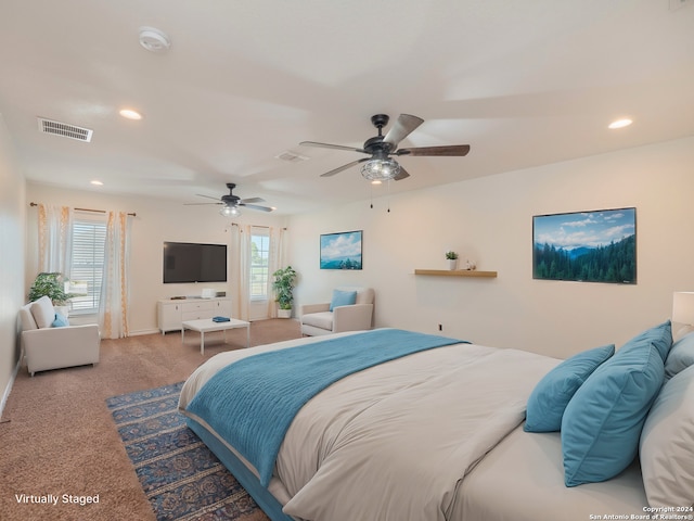 bedroom featuring carpet and ceiling fan