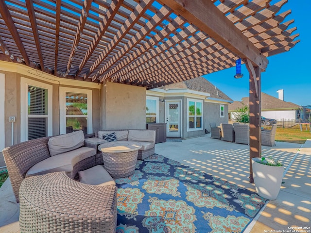 view of patio / terrace featuring a pergola and an outdoor hangout area