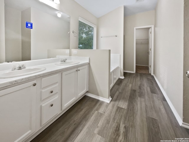 bathroom with wood-type flooring, a tub, and vanity