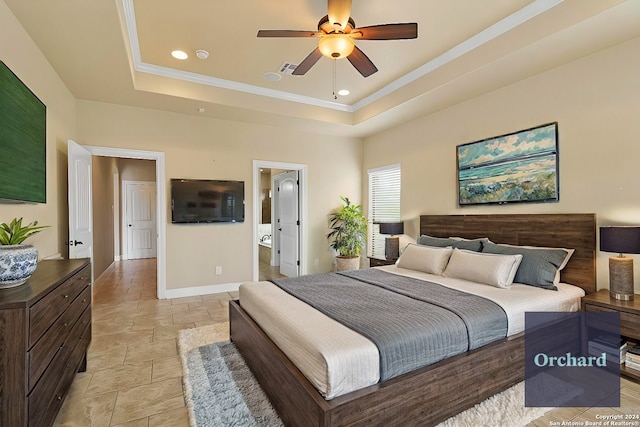 100 Vintage Ranch Cir, La Vernia, TX 78121 - bedroom featuring a raised ceiling, stone tile floors, baseboards, crown molding, and recessed lighting