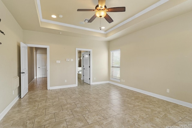 100 Vintage Ranch Cir, La Vernia, TX 78121 - empty room with a raised ceiling, a ceiling fan, ornamental molding, baseboards, and recessed lighting