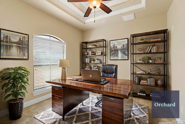 100 Vintage Ranch Cir, La Vernia, TX 78121 - home office featuring ceiling fan, plenty of natural light, a tray ceiling, baseboards, and crown molding