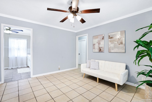 living area featuring light tile patterned flooring, ceiling fan, and crown molding