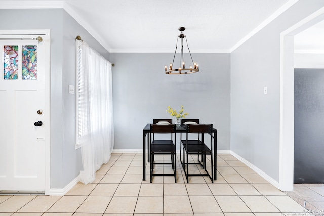 dining space with a healthy amount of sunlight, a notable chandelier, and ornamental molding