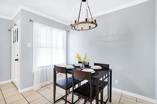 tiled dining space featuring a notable chandelier and crown molding