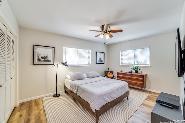 bedroom featuring light hardwood / wood-style floors, multiple windows, and a closet