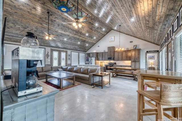 living room featuring ceiling fan, wood ceiling, and high vaulted ceiling