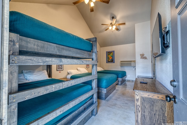 bedroom featuring vaulted ceiling, a wall unit AC, and ceiling fan