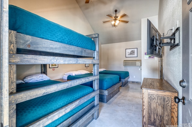 bedroom featuring ceiling fan, lofted ceiling, and a wall mounted air conditioner