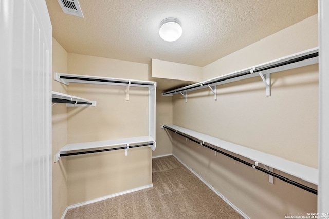 walk in closet featuring light colored carpet