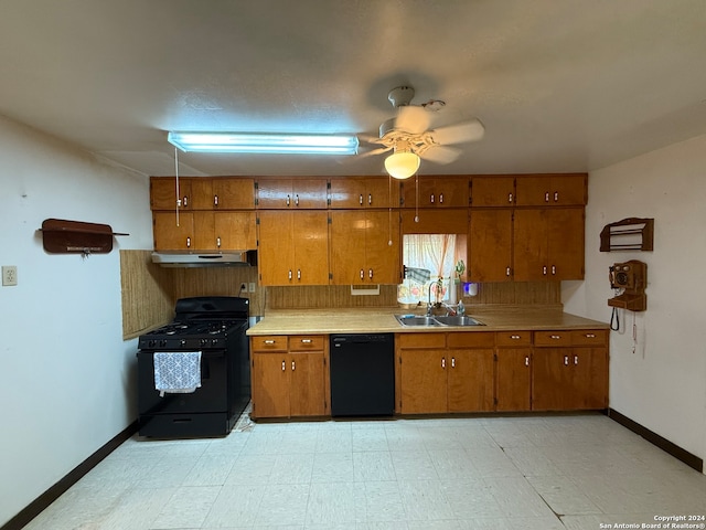 kitchen featuring ceiling fan, sink, black appliances, and tasteful backsplash