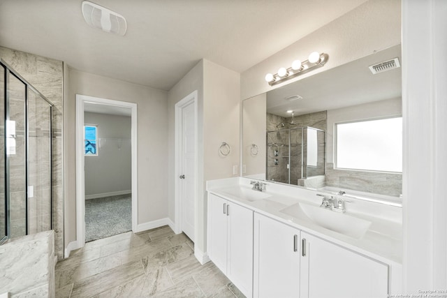 bathroom featuring independent shower and bath and vanity