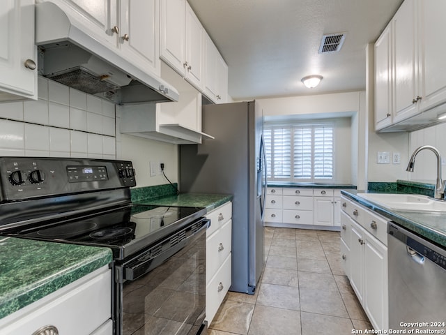 kitchen featuring white cabinets, sink, tasteful backsplash, black electric range oven, and stainless steel dishwasher