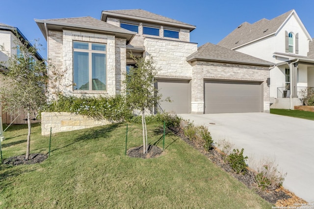 216 Paint Crk, Boerne, TX 78006 - view of front of property featuring concrete driveway, a front yard, a garage, and stone siding