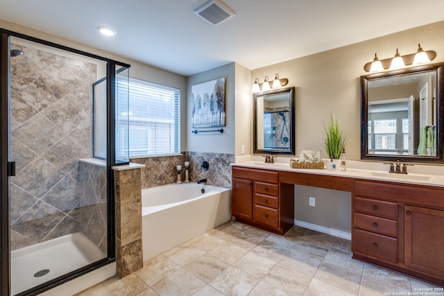 bathroom with vanity and plus walk in shower