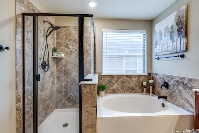 bathroom featuring vanity and separate shower and tub