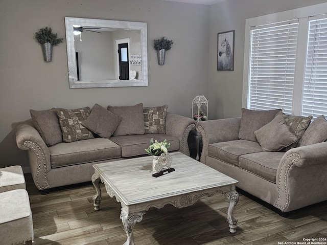 living room with hardwood / wood-style floors and ceiling fan