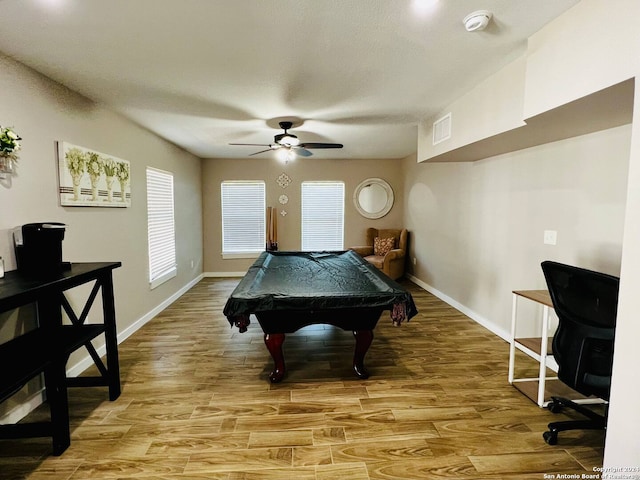 recreation room featuring billiards, ceiling fan, and light hardwood / wood-style flooring