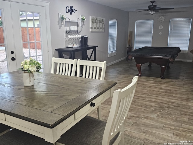 dining area with french doors, hardwood / wood-style floors, ceiling fan, and billiards