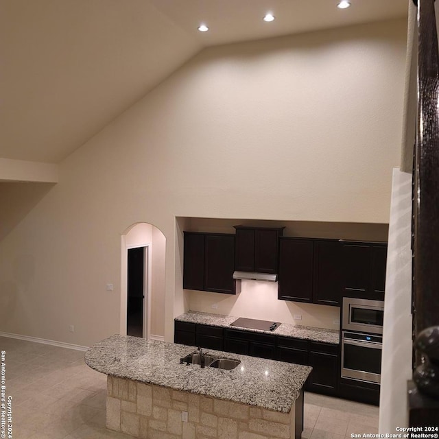 kitchen featuring stainless steel appliances, sink, high vaulted ceiling, light stone countertops, and a center island with sink