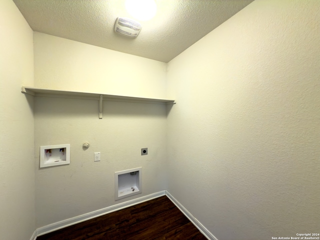 laundry room featuring hookup for a washing machine, a textured ceiling, hookup for a gas dryer, hardwood / wood-style floors, and electric dryer hookup