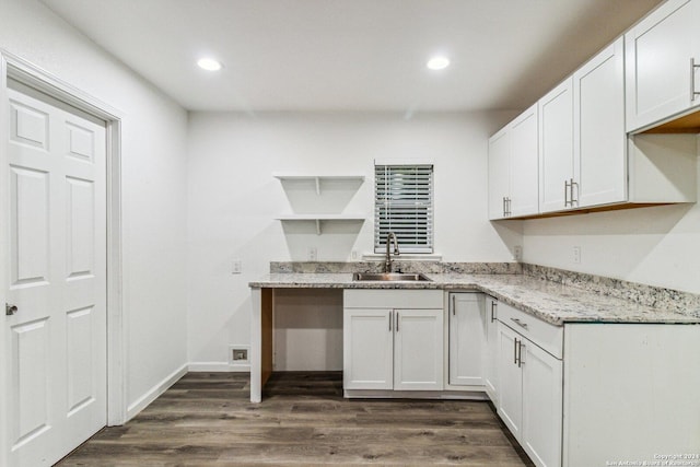 1102 Onslow, San Antonio, TX 78202 - kitchen featuring a sink, open shelves, dark wood finished floors, recessed lighting, and white cabinets