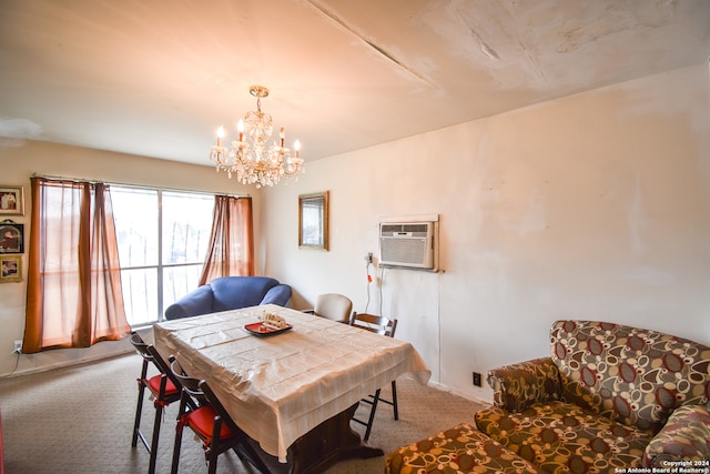 dining area featuring carpet flooring, an AC wall unit, and a notable chandelier