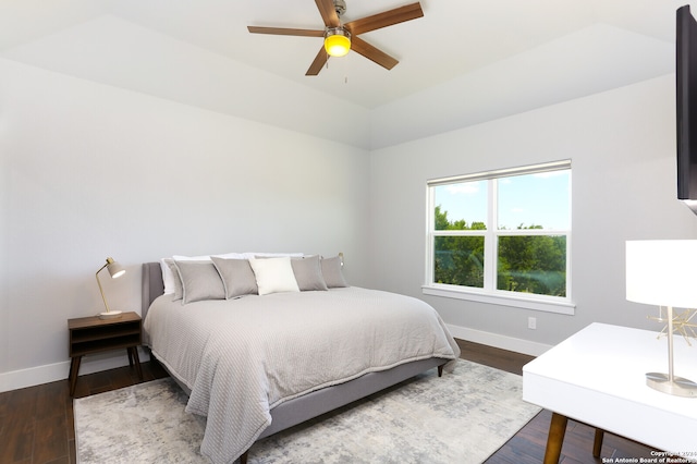 bedroom with hardwood / wood-style flooring and ceiling fan