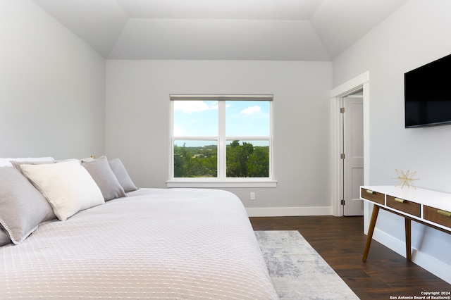 bedroom with dark hardwood / wood-style flooring and lofted ceiling