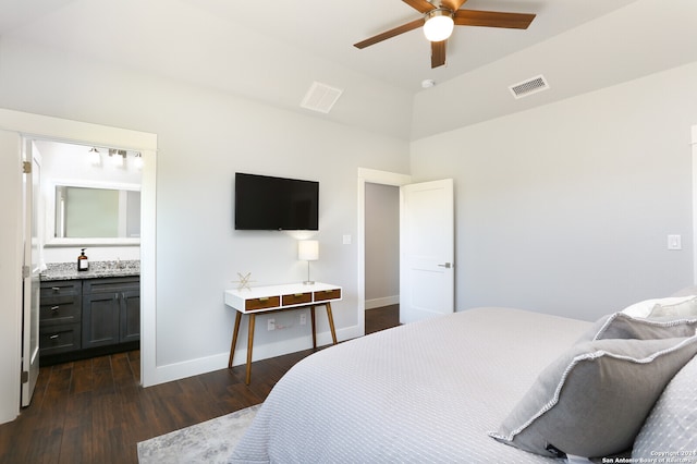 bedroom with dark hardwood / wood-style floors and ceiling fan