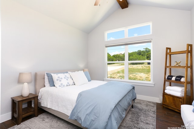 bedroom with dark hardwood / wood-style flooring, beamed ceiling, high vaulted ceiling, and ceiling fan