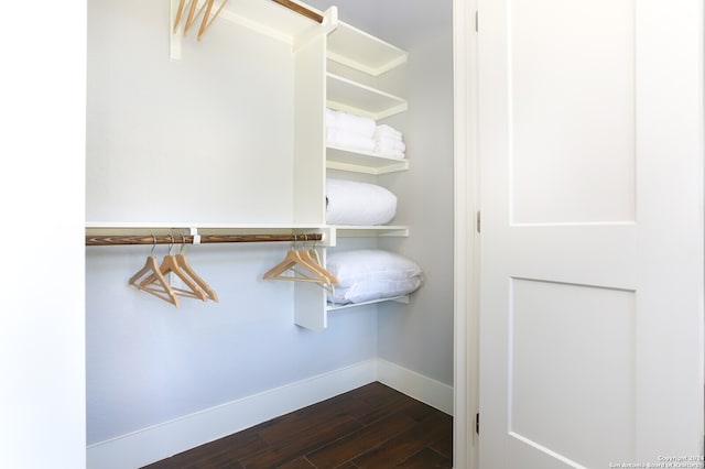 walk in closet with dark hardwood / wood-style floors