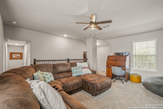 carpeted living room featuring ceiling fan