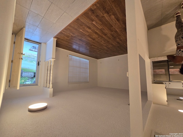 additional living space featuring wooden ceiling and carpet