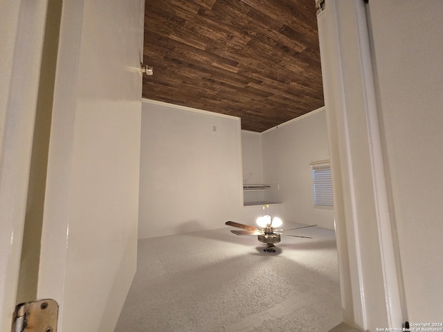 bathroom with ceiling fan, wood ceiling, and crown molding