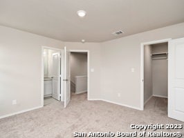 unfurnished bedroom with light colored carpet and a closet