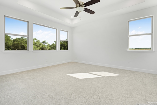 carpeted spare room featuring ceiling fan and a tray ceiling