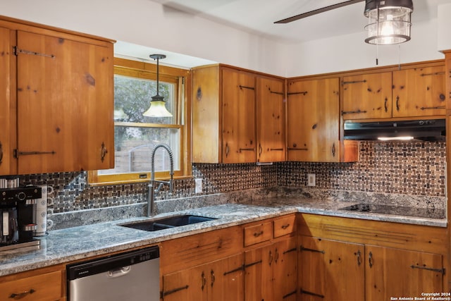 kitchen featuring sink, stainless steel dishwasher, pendant lighting, black electric cooktop, and decorative backsplash