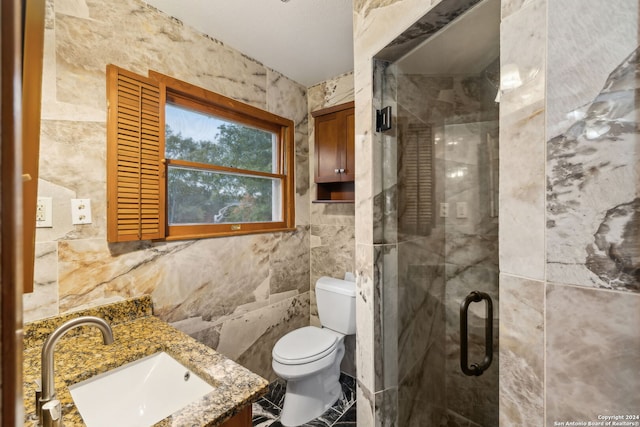 bathroom featuring walk in shower, tile walls, and toilet