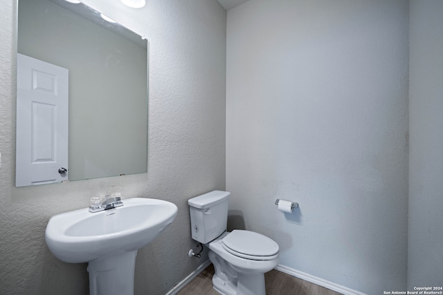 bathroom featuring toilet, sink, and wood-type flooring