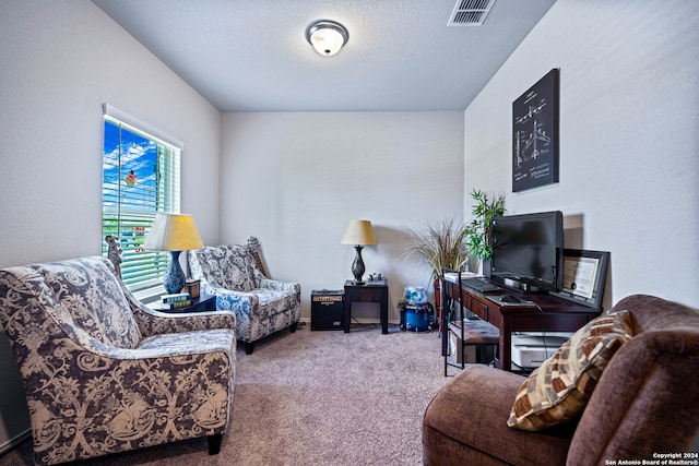 carpeted living room featuring a textured ceiling