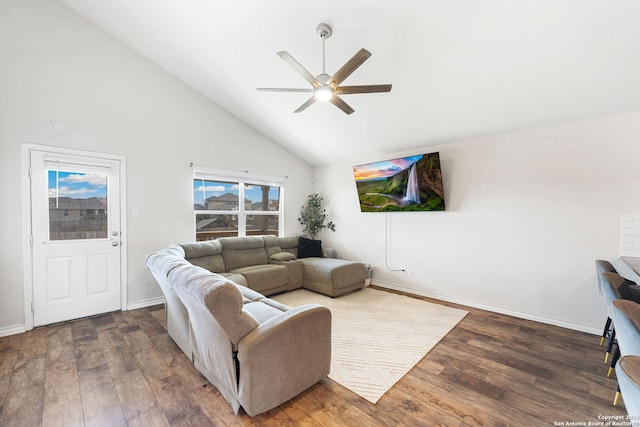 living room with high vaulted ceiling, wood-type flooring, and ceiling fan