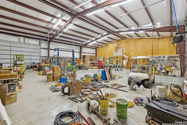 garage with a workshop area